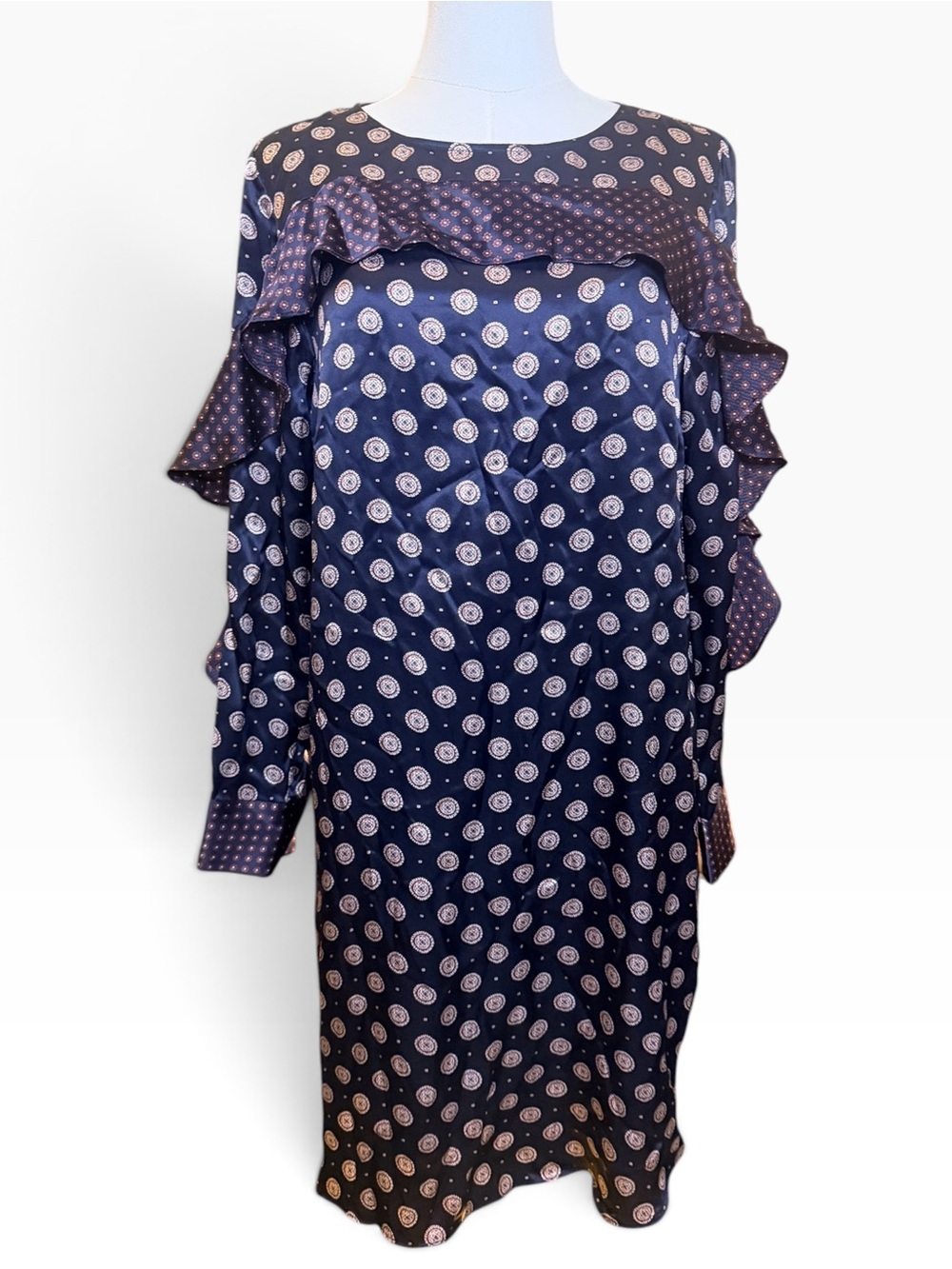 Banana Republic 100% Silk Foulard Ruffle Shift Dress Navy Size 4